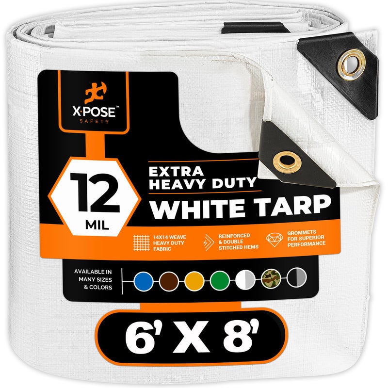 xpose safety Heavy Duty White Poly Tarp 6' X 8' - Multipurpose Protective Cover - Durable, Waterproof, Weather Proof, Rip and Tear Resistant - Extra Thick 12 Mil Polyethylene - by Xpose Safety - Image 1